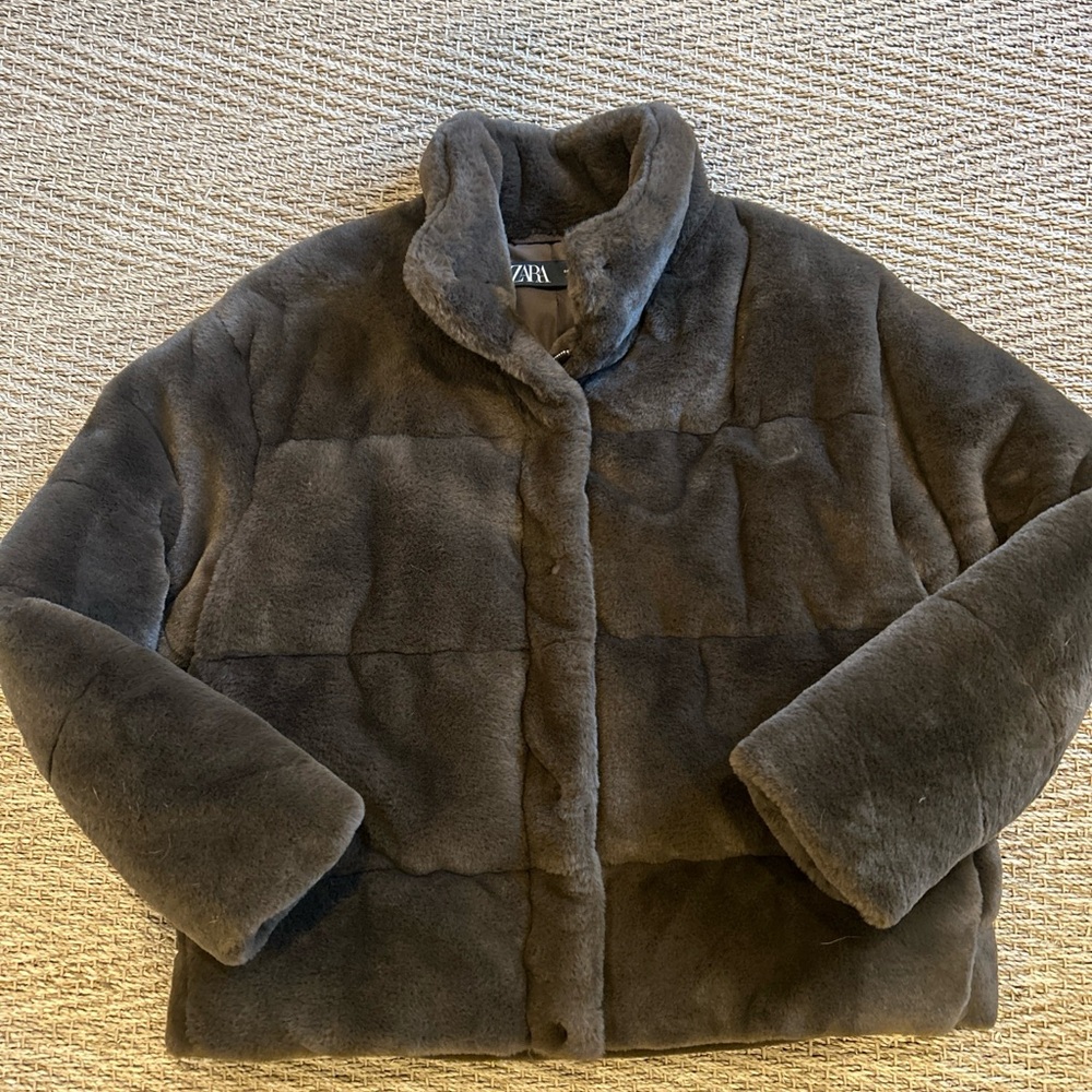 ZARA NEW WOMAN SHORT FAUX FUR JACKET TOBACCO BROWN LARGE